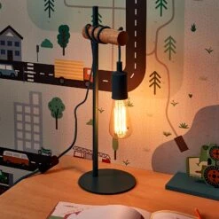 Lampe à Poser-PAULIEN -Intérieure Décoration Magasin 903893 lampe a poser paulien coloris bois clair et bleu 50 x 15cm